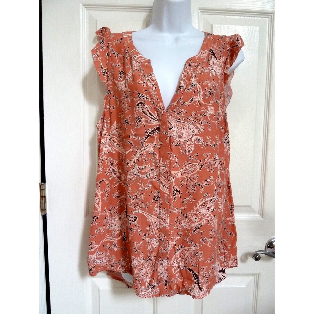 Sanctuary Large Ruffles Button Up Paisley Blouse Pink Brown